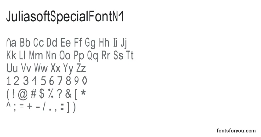 Czcionka JuliasoftSpecialFontN4 – alfabet, cyfry, specjalne znaki