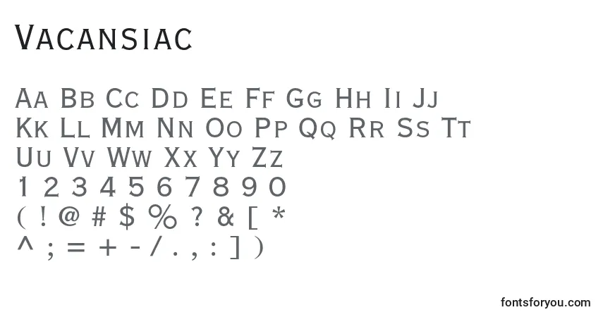 Czcionka Vacansiac – alfabet, cyfry, specjalne znaki