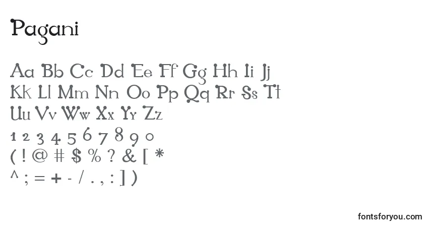 Czcionka Pagani – alfabet, cyfry, specjalne znaki