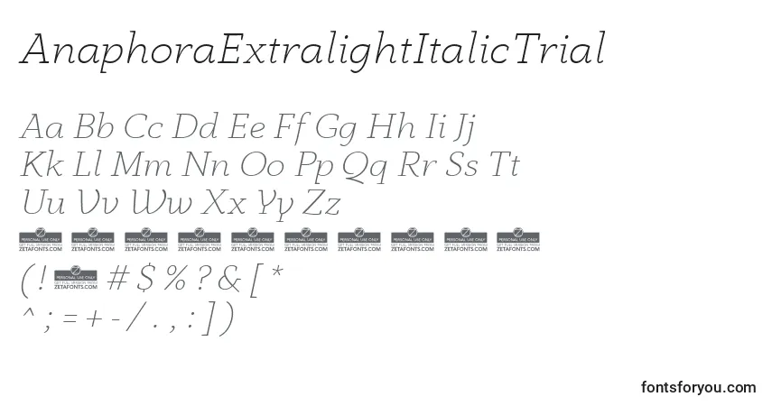 Czcionka AnaphoraExtralightItalicTrial – alfabet, cyfry, specjalne znaki
