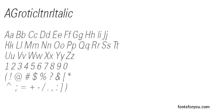 Schriftart AGroticltnrItalic – Alphabet, Zahlen, spezielle Symbole