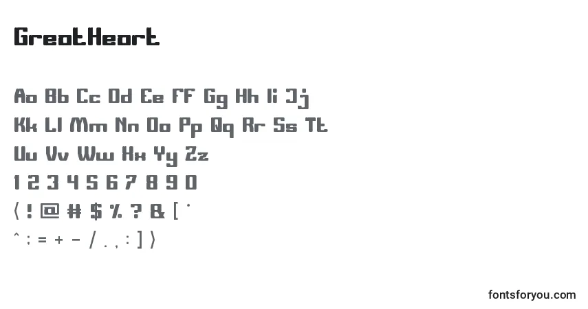 A fonte GreatHeart – alfabeto, números, caracteres especiais