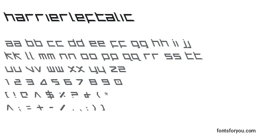 Czcionka HarrierLeftalic – alfabet, cyfry, specjalne znaki