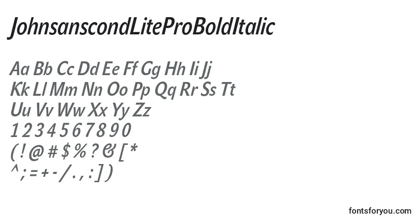 Czcionka JohnsanscondLiteProBoldItalic – alfabet, cyfry, specjalne znaki