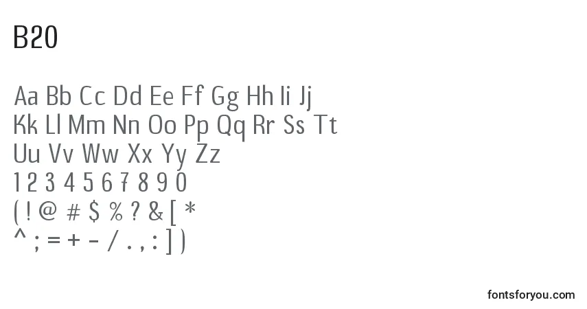 Schriftart B20 – Alphabet, Zahlen, spezielle Symbole