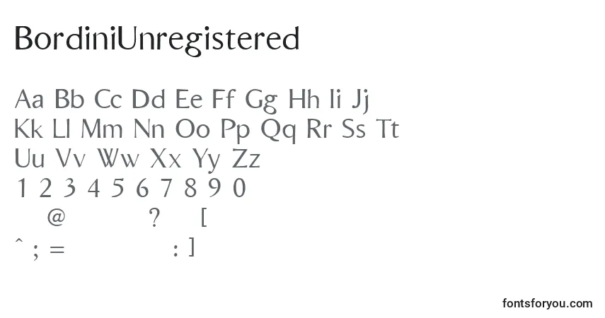 Schriftart BordiniUnregistered – Alphabet, Zahlen, spezielle Symbole