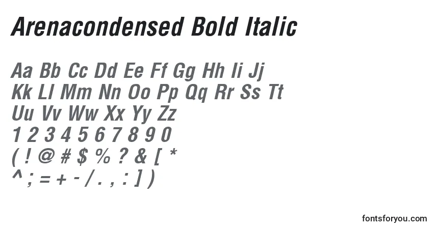 A fonte Arenacondensed Bold Italic – alfabeto, números, caracteres especiais
