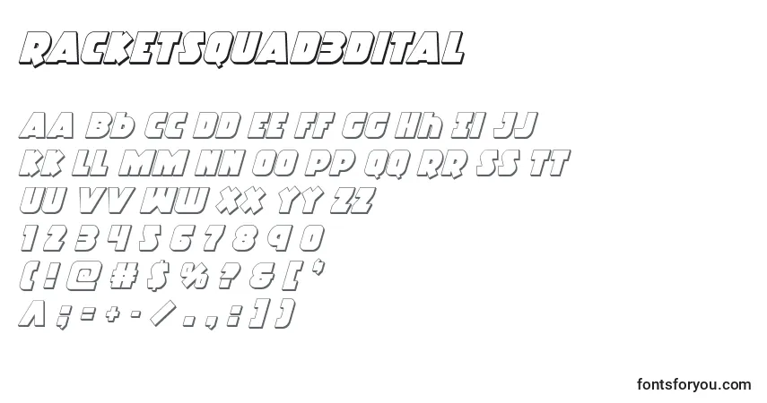 Schriftart Racketsquad3Dital – Alphabet, Zahlen, spezielle Symbole