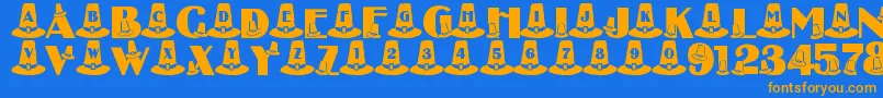 フォントLmsPuritanPartyHats – オレンジ色の文字が青い背景にあります。