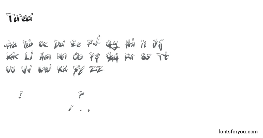 Czcionka Tired – alfabet, cyfry, specjalne znaki