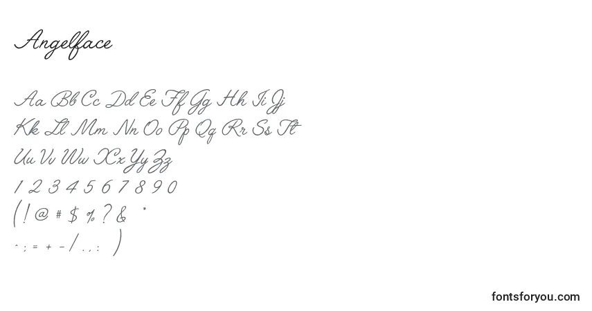 Czcionka Angelface – alfabet, cyfry, specjalne znaki