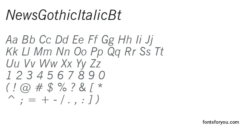Шрифт NewsGothicItalicBt – алфавит, цифры, специальные символы