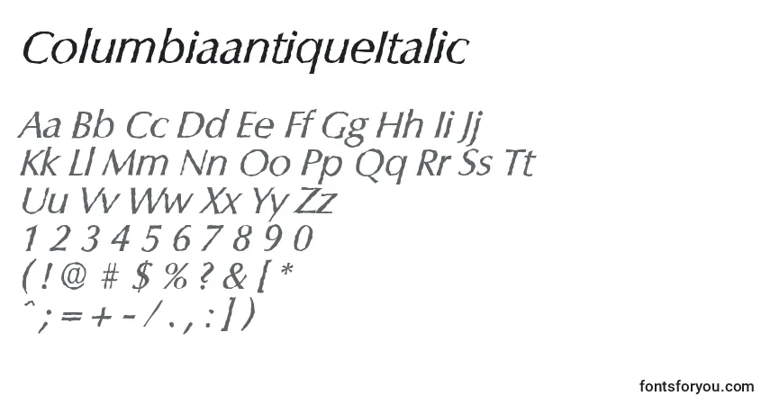 Czcionka ColumbiaantiqueItalic – alfabet, cyfry, specjalne znaki