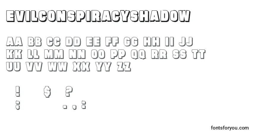 Czcionka EvilConspiracyShadow – alfabet, cyfry, specjalne znaki