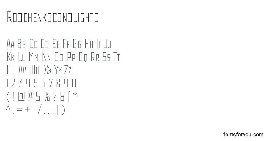 Czcionka Rodchenkocondlightc – alfabet, cyfry, specjalne znaki