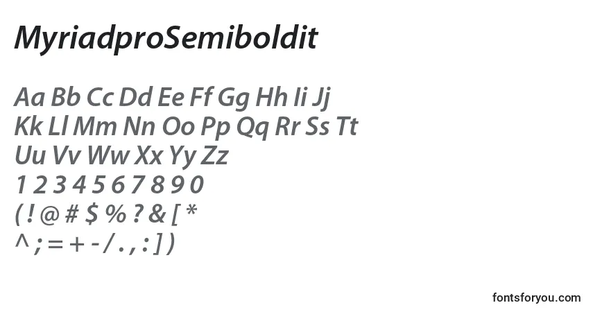 A fonte MyriadproSemiboldit – alfabeto, números, caracteres especiais