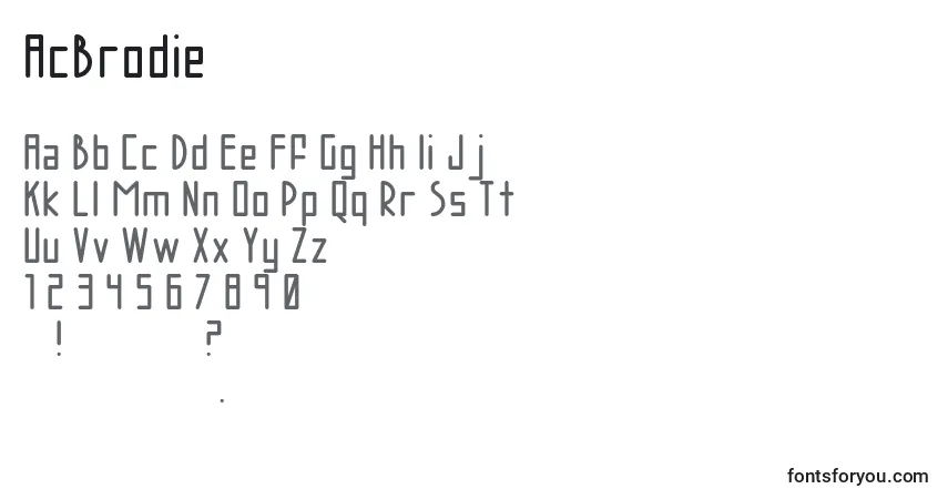 Schriftart AcBrodie – Alphabet, Zahlen, spezielle Symbole