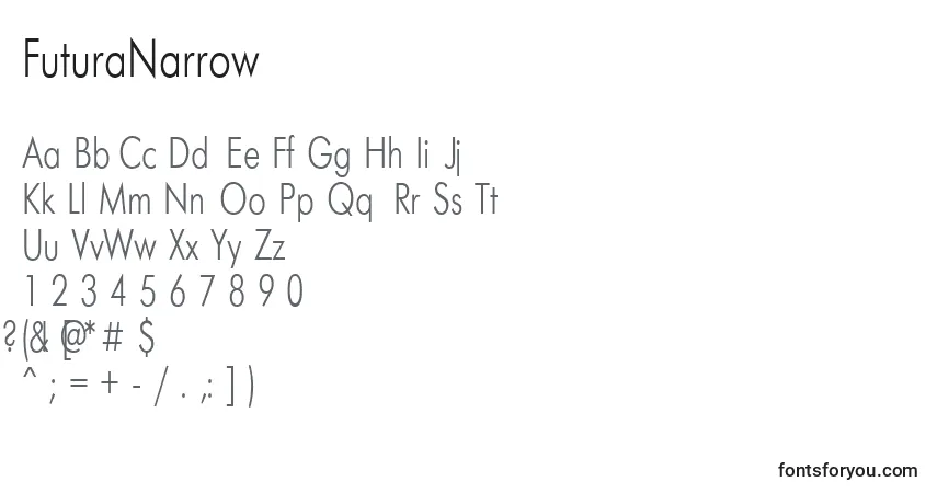 Czcionka FuturaNarrow – alfabet, cyfry, specjalne znaki