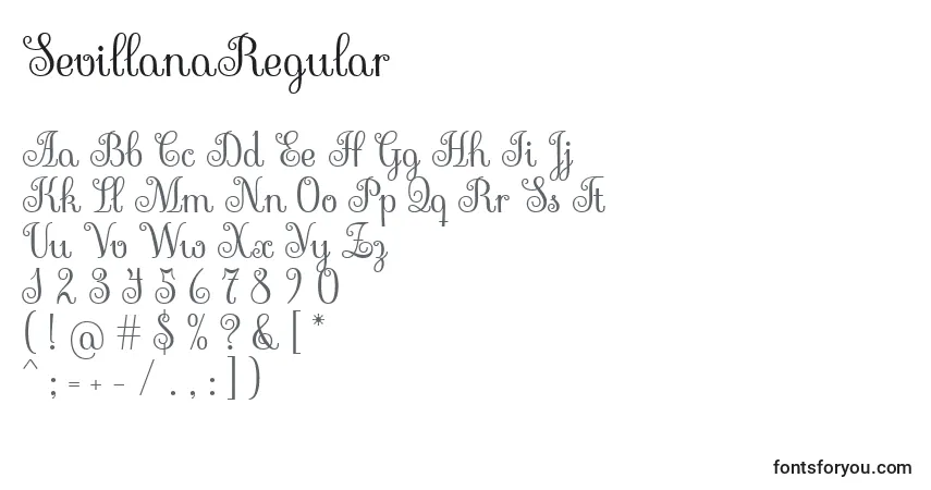 SevillanaRegular-fontti – aakkoset, numerot, erikoismerkit