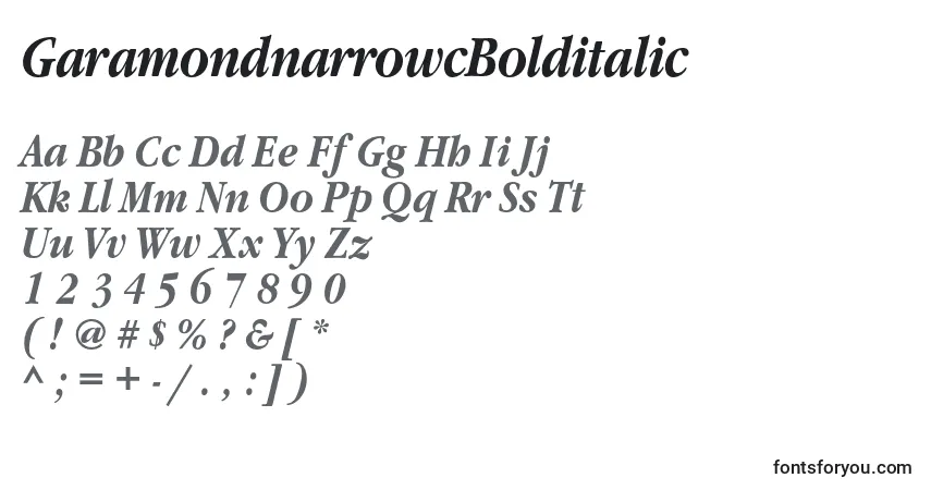 Шрифт GaramondnarrowcBolditalic – алфавит, цифры, специальные символы