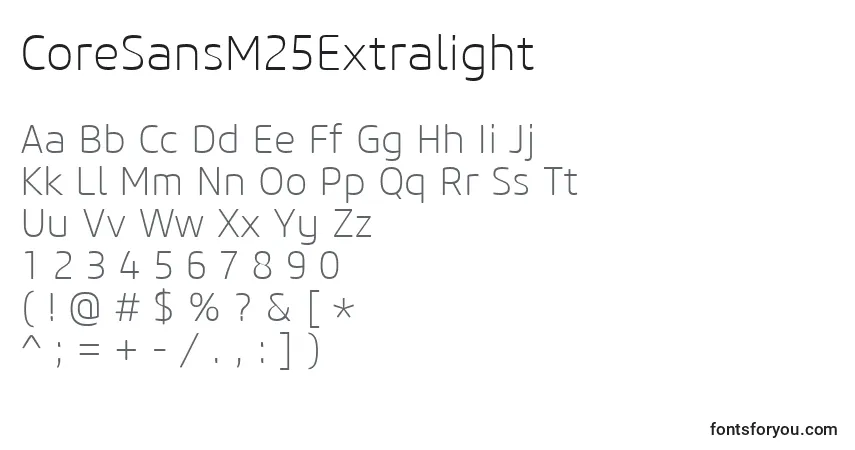 A fonte CoreSansM25Extralight – alfabeto, números, caracteres especiais