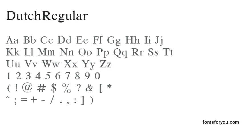 A fonte DutchRegular – alfabeto, números, caracteres especiais