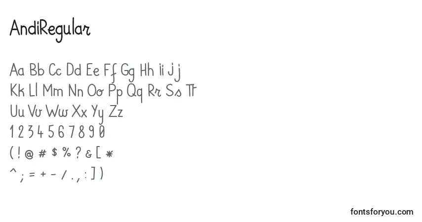 A fonte AndiRegular – alfabeto, números, caracteres especiais