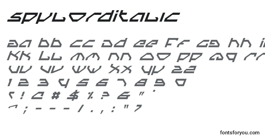 Schriftart SpylordItalic – Alphabet, Zahlen, spezielle Symbole