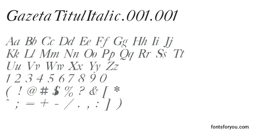 Czcionka GazetaTitulItalic.001.001 – alfabet, cyfry, specjalne znaki