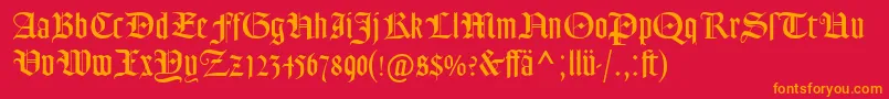 GoudyTextMtDfr-Schriftart – Orangefarbene Schriften auf rotem Hintergrund