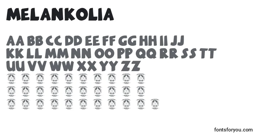 A fonte Melankolia (53460) – alfabeto, números, caracteres especiais