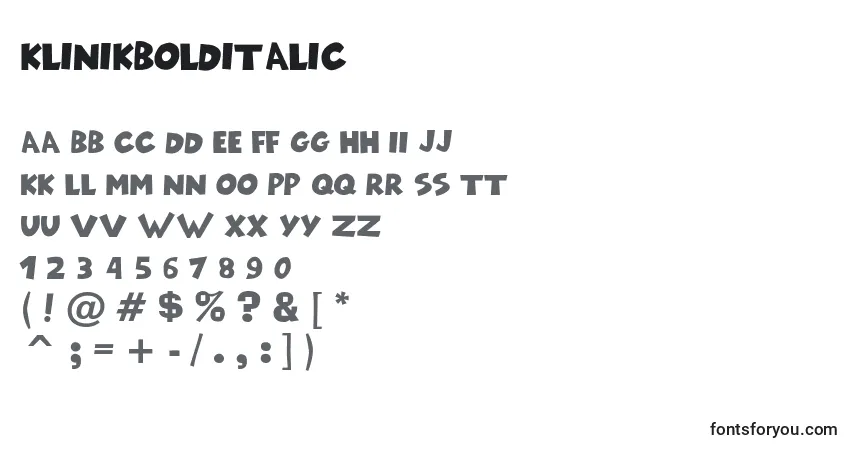 Czcionka KlinikBoldItalic – alfabet, cyfry, specjalne znaki