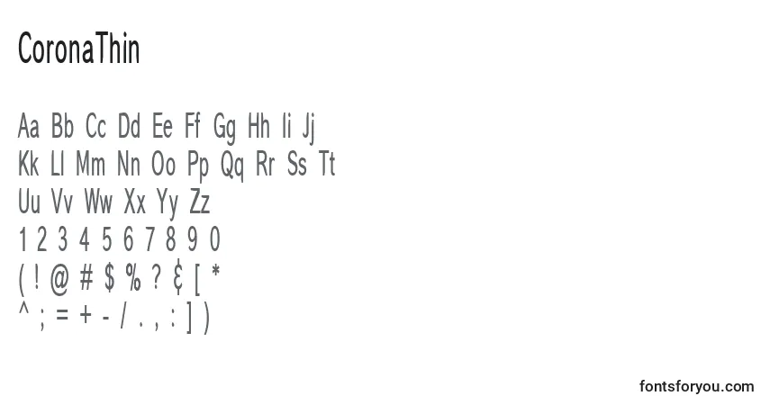 CoronaThin-fontti – aakkoset, numerot, erikoismerkit