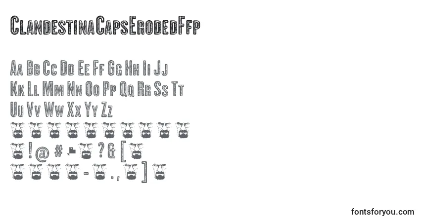 Czcionka ClandestinaCapsErodedFfp – alfabet, cyfry, specjalne znaki