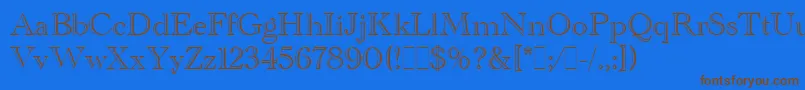 AcademyEngravedLetPlain.1.0フォントについての詳細 フォントAcademyEngravedLetPlain.1.0 – 茶色の文字が青い背景にあります。