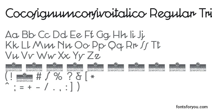 A fonte Cocosignumcorsivoitalico Regular Trial – alfabeto, números, caracteres especiais