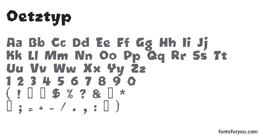 Czcionka Oetztyp – alfabet, cyfry, specjalne znaki