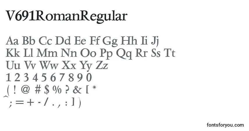 Czcionka V691RomanRegular – alfabet, cyfry, specjalne znaki