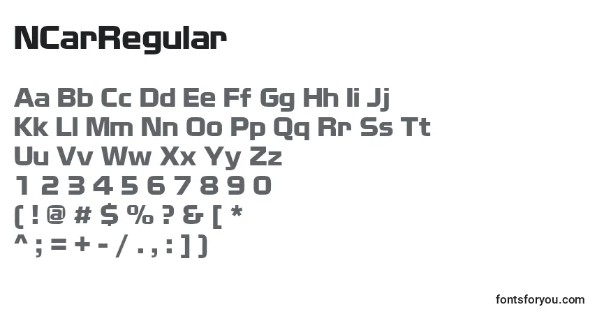 Czcionka NCarRegular – alfabet, cyfry, specjalne znaki