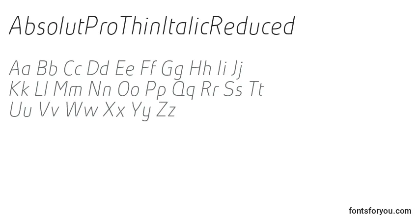 Шрифт AbsolutProThinItalicReduced – алфавит, цифры, специальные символы
