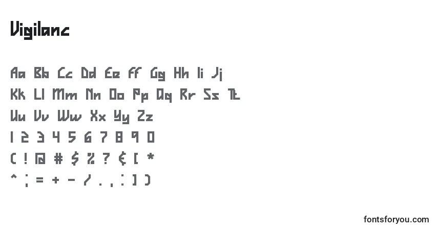 Czcionka Vigilanc – alfabet, cyfry, specjalne znaki