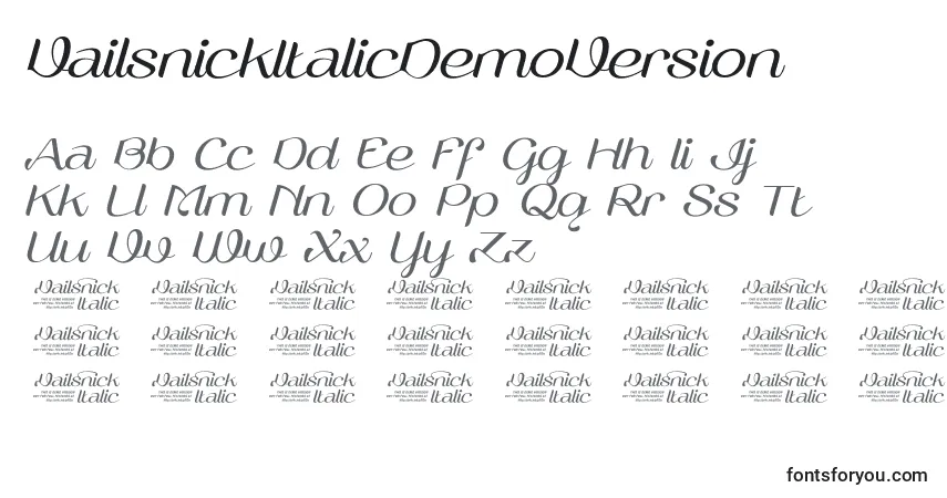 Czcionka VailsnickItalicDemoVersion – alfabet, cyfry, specjalne znaki