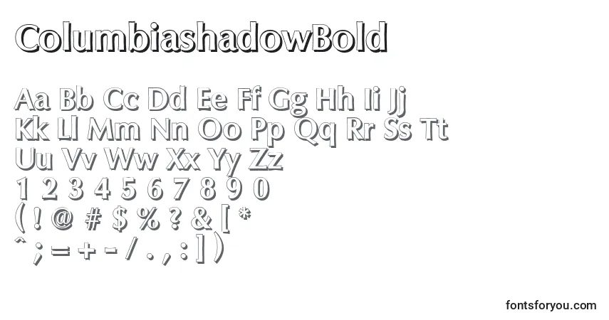 A fonte ColumbiashadowBold – alfabeto, números, caracteres especiais