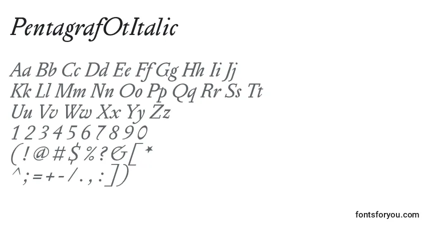 Schriftart PentagrafOtItalic – Alphabet, Zahlen, spezielle Symbole