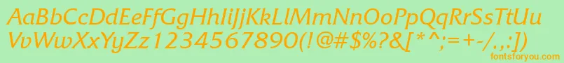 フォントFrq56C – オレンジの文字が緑の背景にあります。