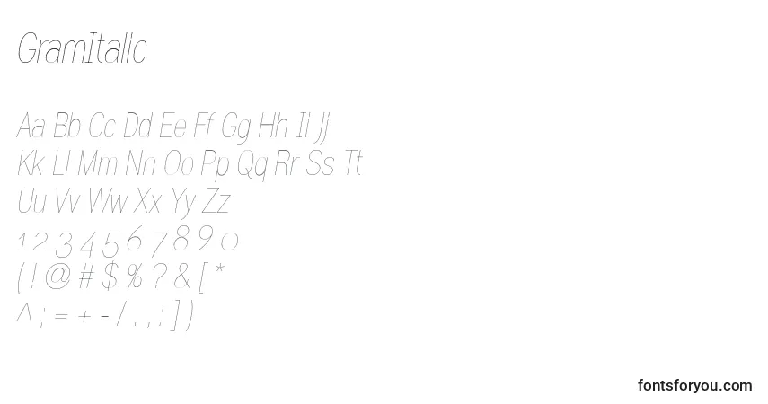 Czcionka GramItalic – alfabet, cyfry, specjalne znaki