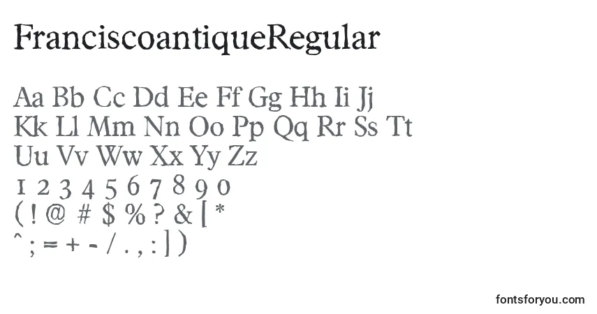characters of franciscoantiqueregular font, letter of franciscoantiqueregular font, alphabet of  franciscoantiqueregular font