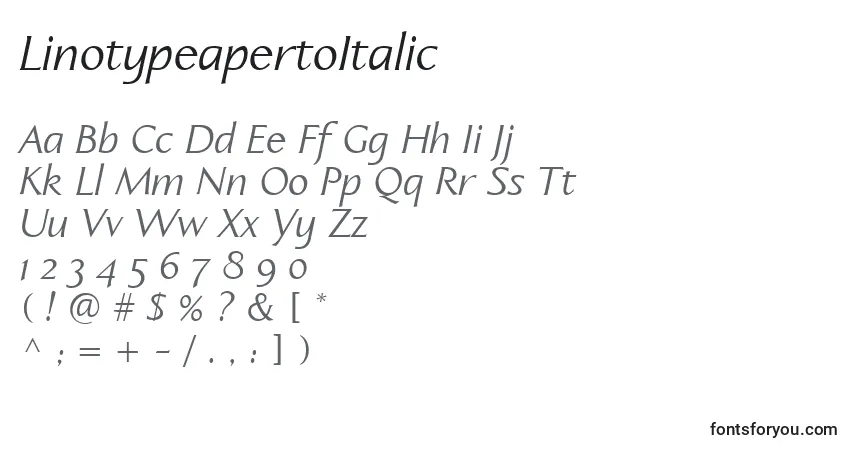 A fonte LinotypeapertoItalic – alfabeto, números, caracteres especiais