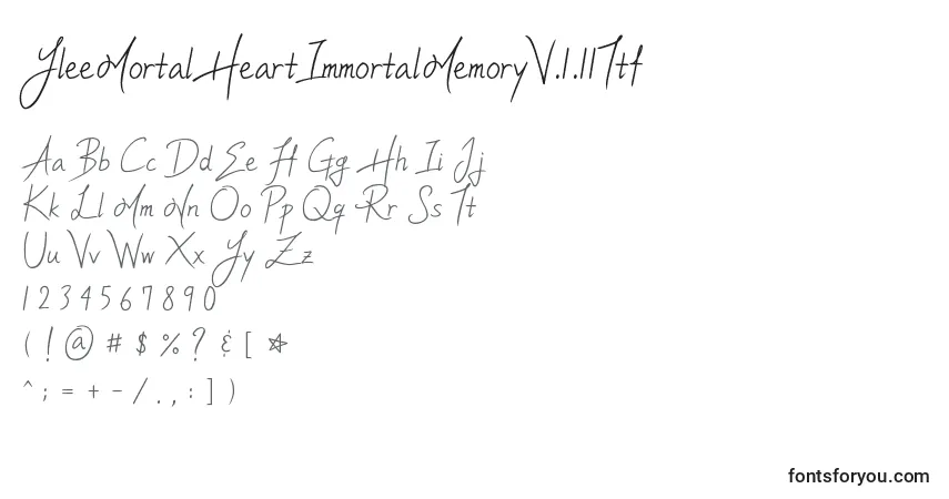 A fonte YleeMortalHeartImmortalMemoryV.1.11Ttf – alfabeto, números, caracteres especiais