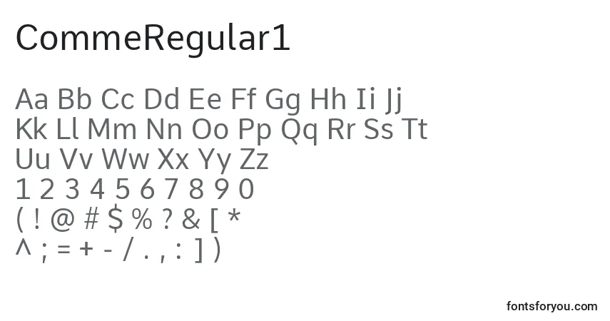 Czcionka CommeRegular1 – alfabet, cyfry, specjalne znaki